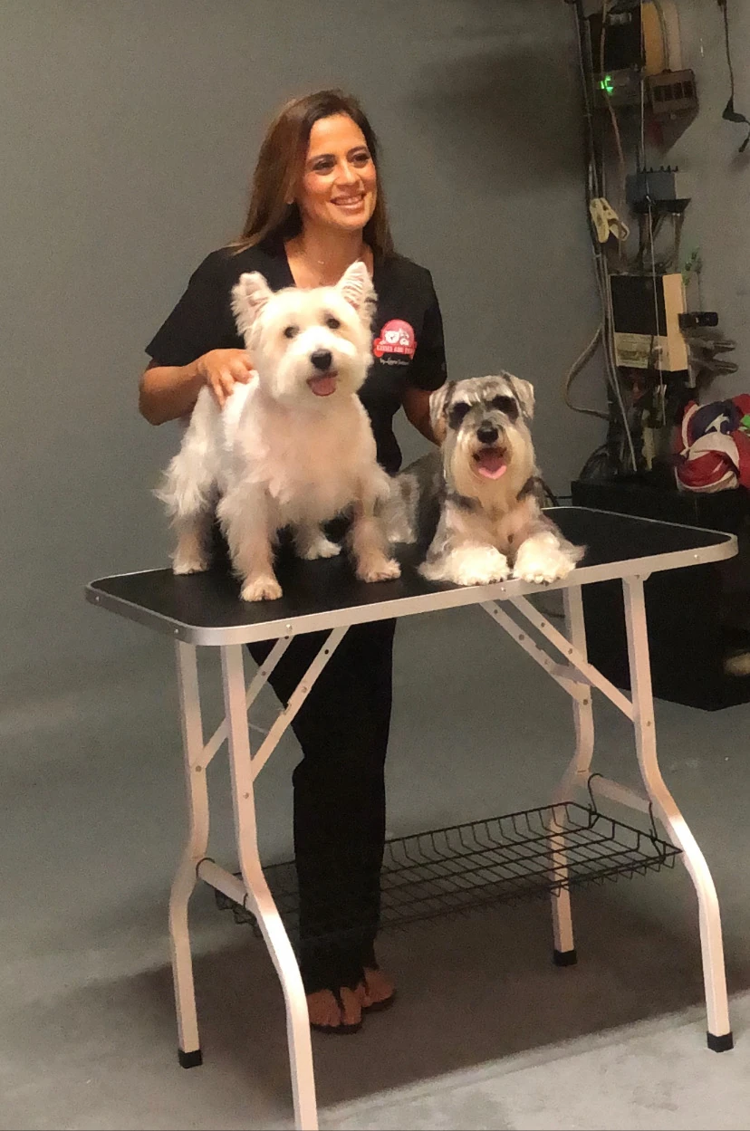Laura Torrente con sus perros en un estudio de peluquería canina